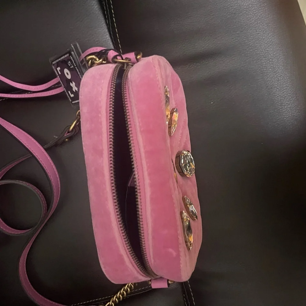Gucci Pink Velvet Marmont Mini Crossbody Bag with Gold and Crystal Details